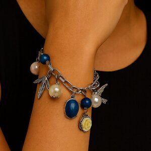 Paparazzi Blue Charm Bracelet – Pearls, Floral Accent & Silver Charms